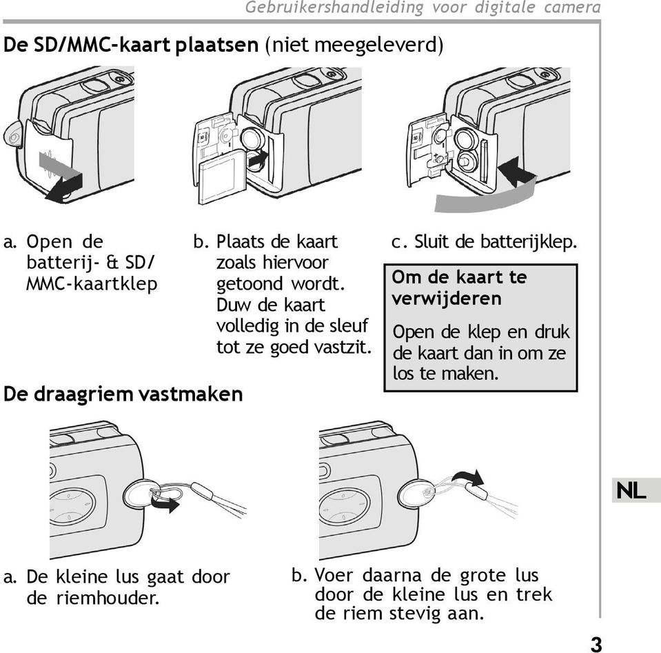 Sluit de batterijklep. Om de kaart te verwijderen Open de klep en druk de kaart dan in om ze los te maken.