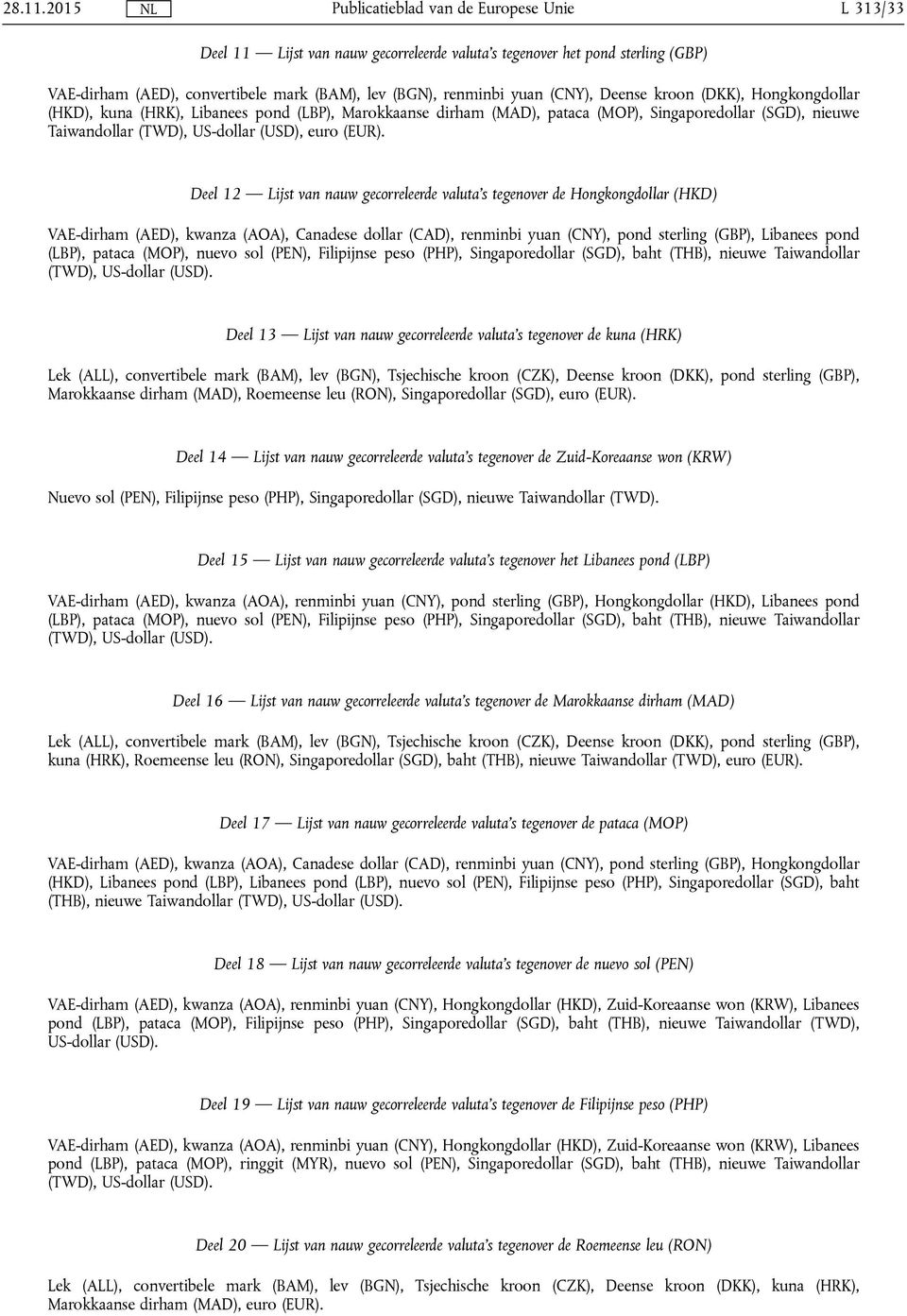 Deel 12 Lijst van nauw gecorreleerde valuta's tegenover de Hongkongdollar (HKD) VAE-dirham (AED), kwanza (AOA), Canadese dollar (CAD), renminbi yuan (CNY), pond sterling (GBP), Libanees pond (LBP),