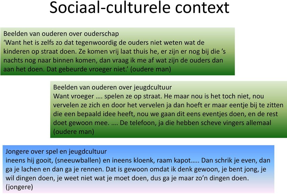 (oudere man) Beelden van ouderen over jeugdcultuur Want vroeger. spelen ze op straat.