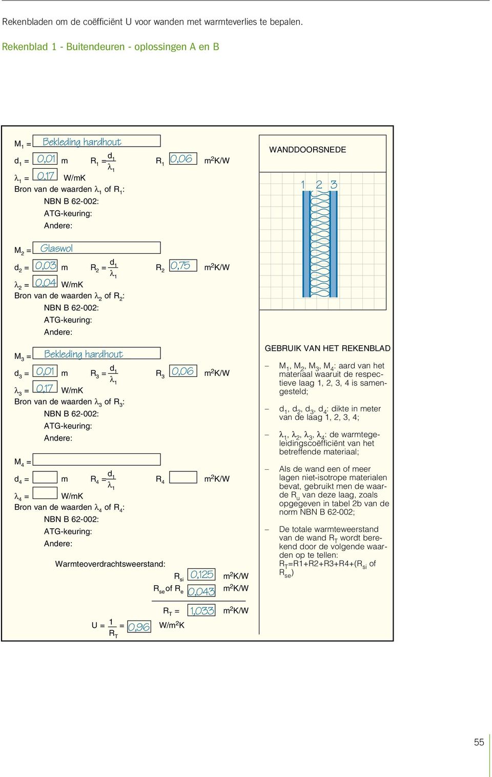 of R 2 Andere 0,03 0,75 0,04 M 3 Bekleding hardhout d 3 m R 3 R 3 l 3 W/mK Bron van de waarden l 3 of R 3 Andere M 4 0,0 0,06 0,7 d 4 m R 4 R 4 l 4 W/mK Bron van de waarden l 4 of R 4 Andere