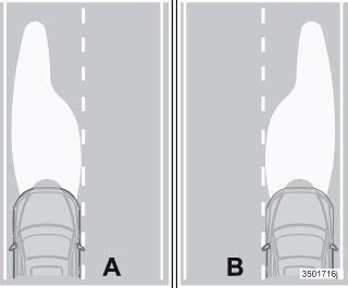 06 Starten en rijden Lichtbundel aanpassen 06 Juiste lichtbundel voor rechts- of linksrijdend verkeer A. Lichtbundel voor linksrijdend verkeer. B. Lichtbundel voor rechtsrijdend verkeer.
