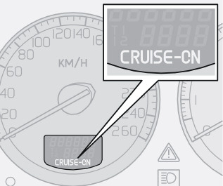 De melding CRUISE-ON verschijnt. De cruisecontrol kan niet worden ingeschakeld bij snelheden lager dan 30 km/h of hoger dan 200 km/h.