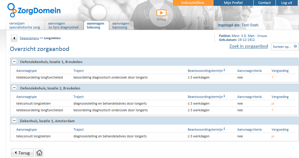 Figuur 2: Maak een keuze uit het zorgaanbod Toelichting van de termen in het aanbodscherm (zie Figuur 2) Aanvraagtype: Er zijn twee aanvraagtypen: teleconsult en telebeoordeling.