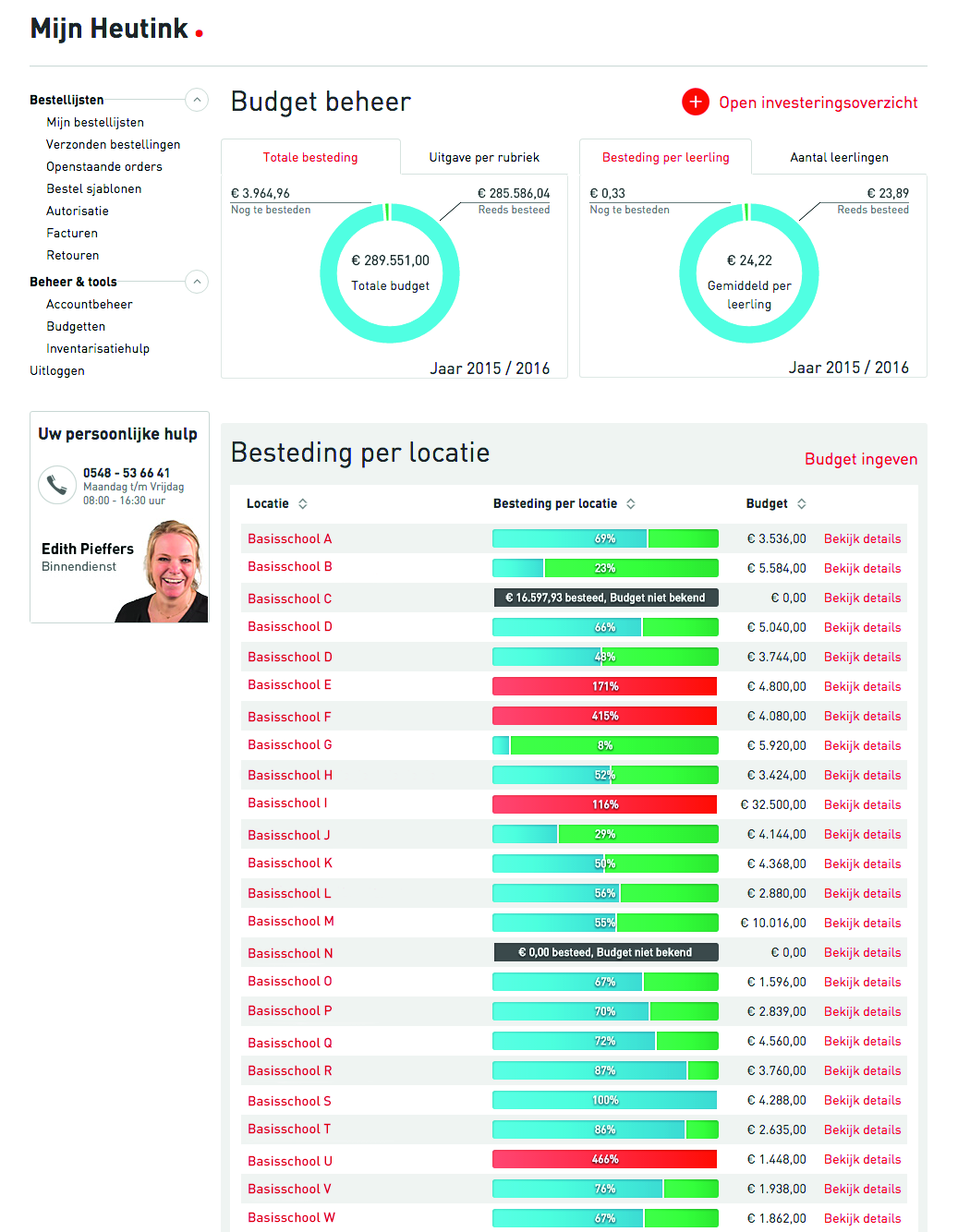 Overzicht per locatie/vestiging Als u vervolgens op bekijk details in het Bestedingen per locatie overzicht klikt, krijgt u de details per vestiging en ziet u hoe het budget exact besteedt is.