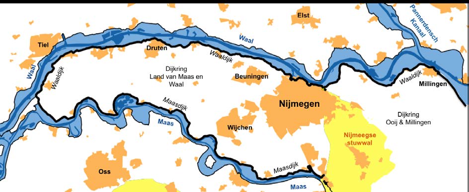 Het onderstaande kaartje geeft dijkringen rondom Nijmegen weer (bron 2). De zwarte lijnen stellen de rivierdijken voor, die het binnendijkse gebied proberen te beschermen tegen overstromingen.