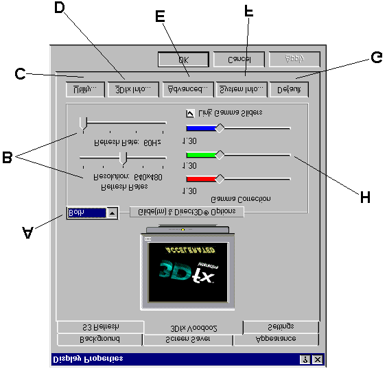 4. Instellingen wijzigen Kies Beeldscherm in het configuratiescherm. Kies daarna voor het 3Dfx Voodoo2 tabblad. Bij de eerste keer starten verschijnt het 3Dfx Sweep scherm. Zie hoofdstuk 4.