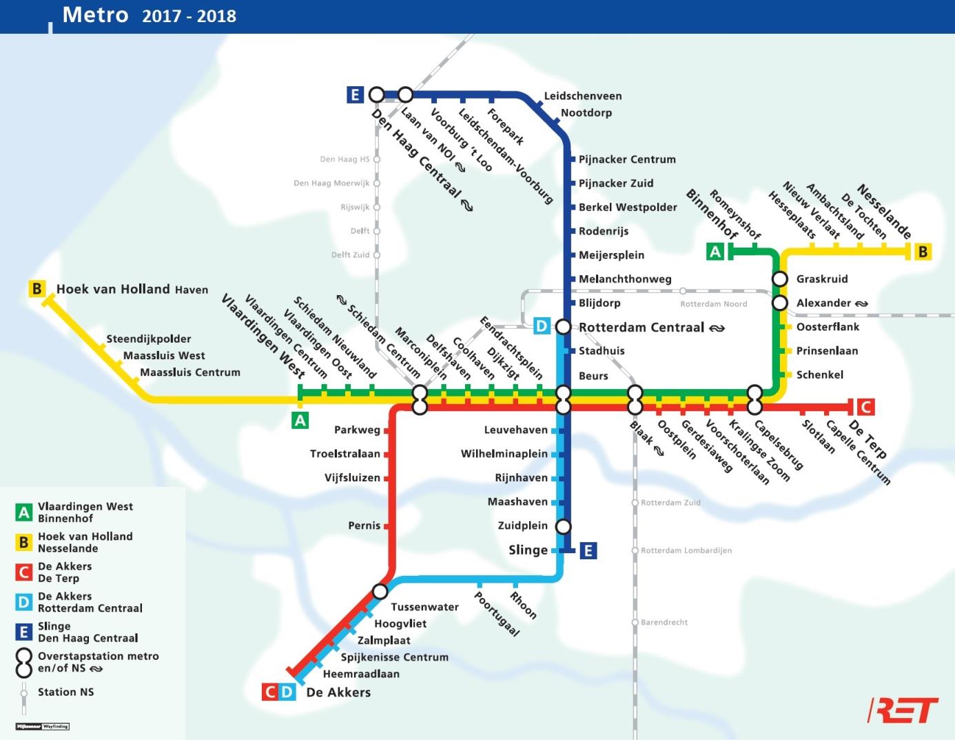 Vervoerplan RET 2018 2 Metro Het vervoerplan 2018 staat in het teken van start van de metro-exploitatie op de Hoekse Lijn, de spoorlijn Schiedam Hoek van Holland. 2.1 Vervoer in 2016 In 2016 lijkt het gebruik van de metro na jarenlange groei enigszins gestagneerd.