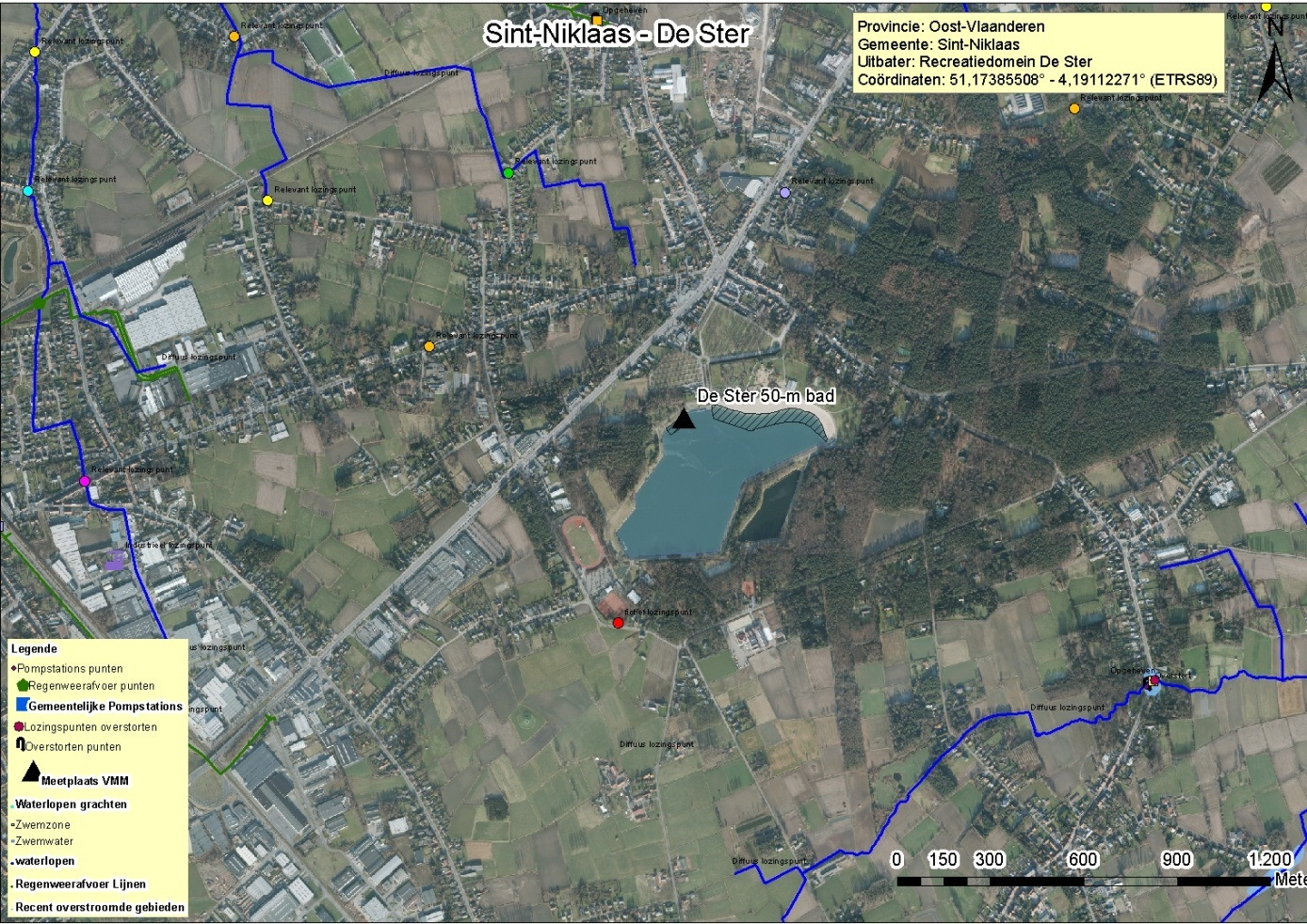 Bijlage 7: Rioleringskaart omgeving. De zwemzone van De Ster is gelegen links van de tekst. Alle gekleurde lijnen stellen rioleringen voor.