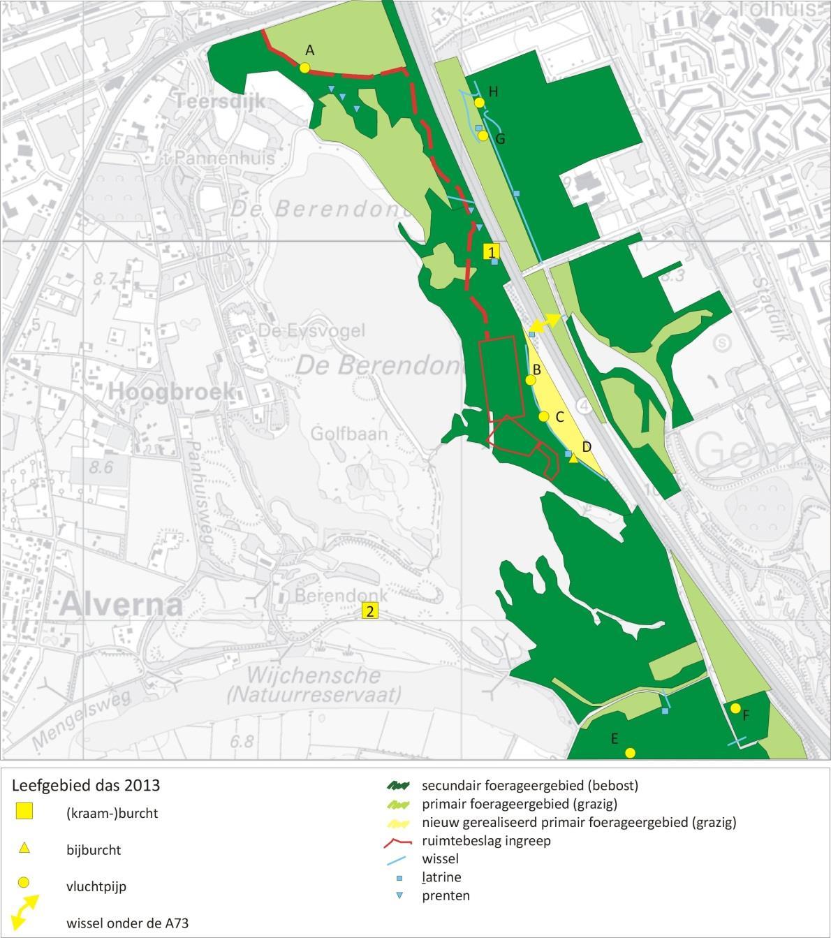 Activiteit Het zwaartepunt van de dassenactiviteit in de Berendock is aanwezig nabij de verschillende burchten en in de primaire foerageergebieden (figuur 2).