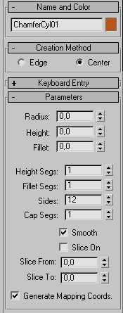 Klik op het Create icoon rechts in je scherm. Selecteer in het uitklapmenu (rechts) Extende Primitives. Klik op ChamferCyl (Chamfercylinder.