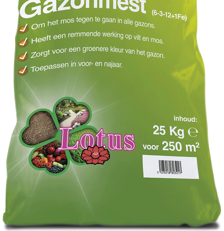 321 LOTUSGAZON 6-3-12+1Fe GAZONMESTSTOF MET IJZERVOORZIENING Product kenmerk Samengestelde organische minerale NPK meststof bevattende ijzer.