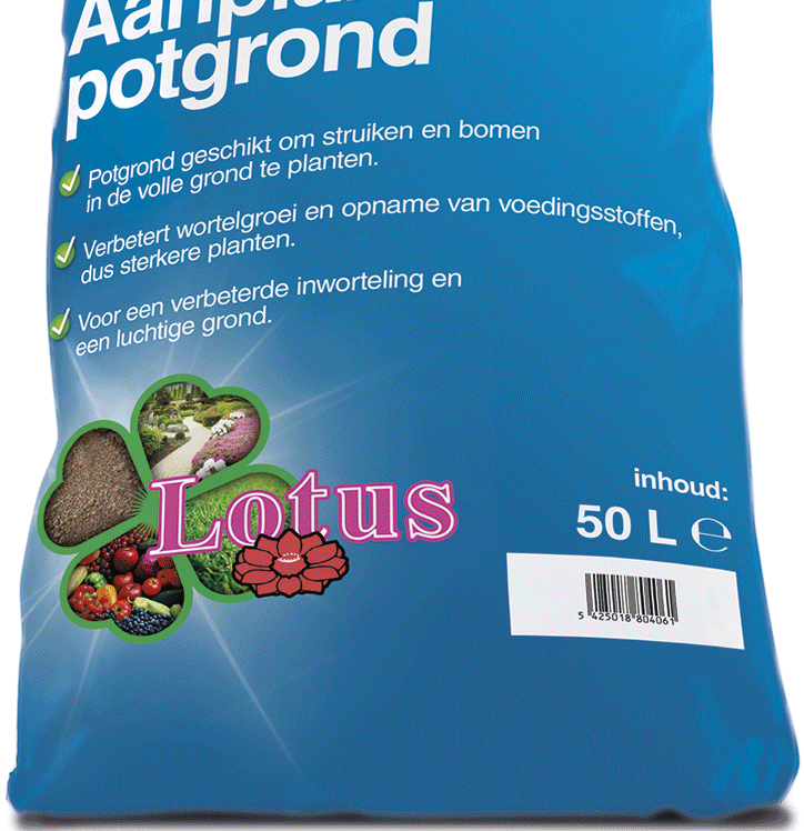 406 LOTUS AANPLANT POTGROND Product kenmerk - Potgrond geschikt om bomen en struiken in de volle grond te planten. - Verbetert de wortelgroei en opname van voedingsstoffen, dus sterkere planten.
