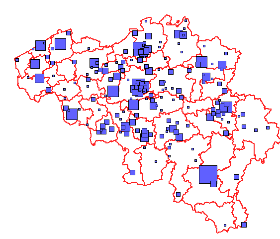 Figuur 3 : De plaats van de gerapporteerde VTI s in België (2013), waarbij de grootte van de stip het aantal personen weergeeft die betrokken waren in de uitbraak 3.5.
