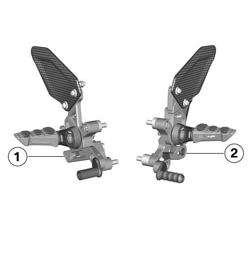 2 2 Leveringsomvang z HP voetsteunenset 1 HP voetsteunenset rechts compleet 2 HP voetsteunenset links compleet - Bovendien is boutborgmiddel nodig (Loctite 243, middelvast).