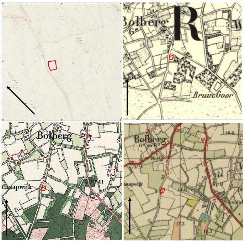 Verkennend bodemonderzoek Alphensebaan 34-36 te Gilze / AM15489 Afbeelding 3: geraadpleegde historische kaarten uit respectievelijk 1811-1832, 1853, 1913 en 1953, met in het rood het plangebied