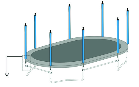 STAP 2: Gebruik de schroeven (zie A1 and A2) om de staanders te monteren. De staanders moeten tot de basis van de trampolinepoten reiken.