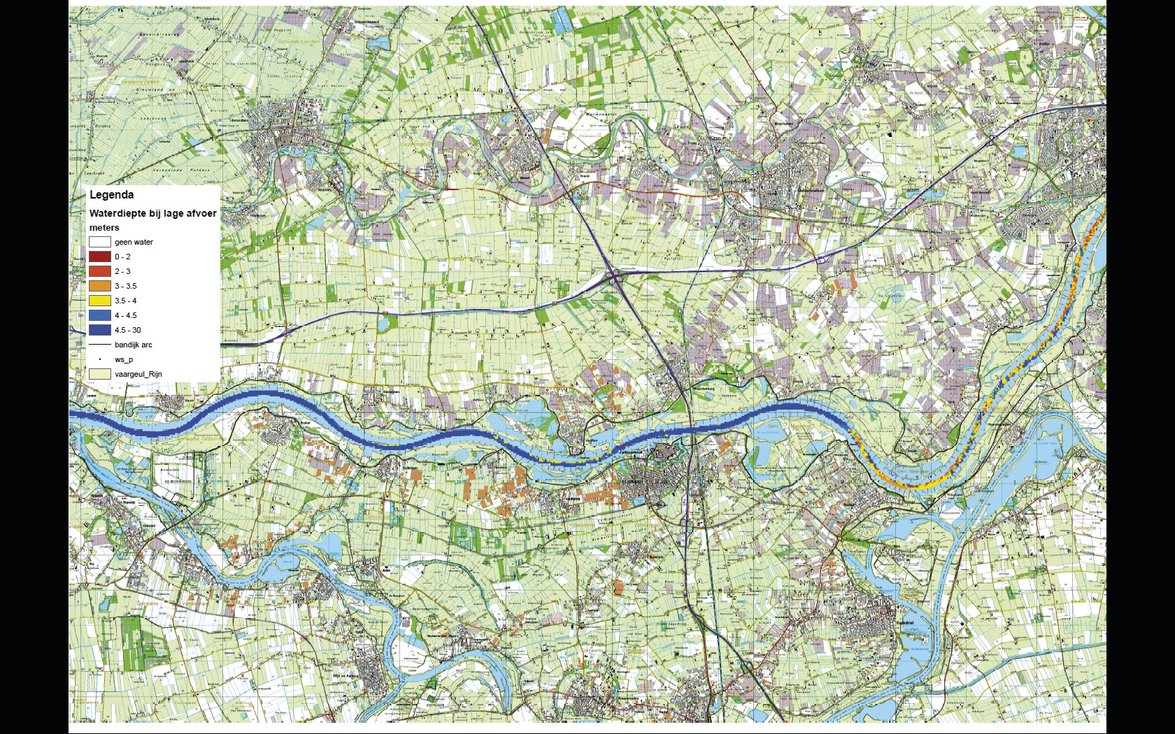 Resultaten 4 Afbeelding 11: Waterdiepte kaart bij lage afvoeren Bij het instroompunt neemt door de verlaagde waterstanden de stroomsnelheid toe. Hierdoor erodeert hier de bodem.