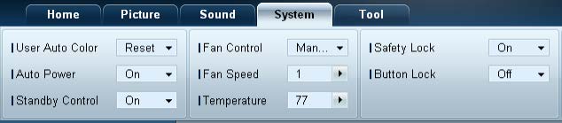 Algemeen User Auto Color Hiermee worden de schermkleuren automatisch gewijzigd. Alleen beschikbaar in de modus PC. Auto Power Hiermee wordt het product automatisch ingeschakeld.