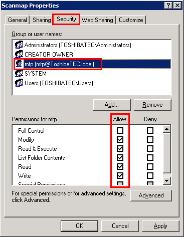 Zorg dat de gebruikte user Full Control heeft. Opmerking; Het is niet voldoende om de groep Everyone Full Control te geven.