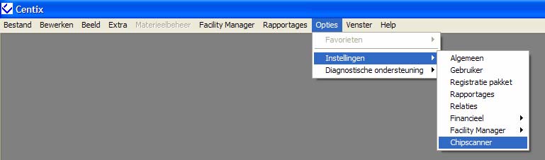 Chipscanner Instellingen Wanneer u Centix opstart, moet u naar Opties Instellingen Chipscanner. Wanneer u de Instelling Chipscanner niet ziet, heeft u een code waarbij de chipscanner niet aanstaat.