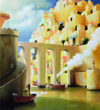 Michiel Schrijver De laatste stad, 90 x 80 cm Middagboot, 110 x 80 cm Schilderen is voor mij een vorm van reizen, aldus Michiel Schrijver (1957), zowel in de beleving door goed te kijken, als fysiek,