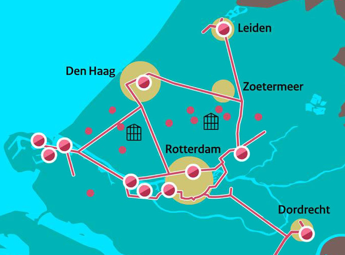 Synergie tussen CO 2 -hub en warmterotonde Levering van warmte (uit Rotterdamse haven- en industriecomplex en geothermie) aan glastuinbouw en stedelijk gebied (woningen, kantoren) Belangrijke