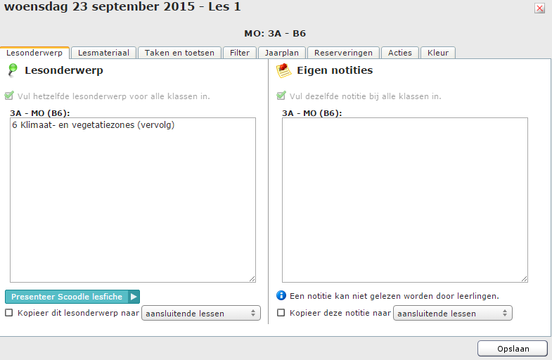 Automatisch wordt het lesonderwerp ingevuld en worden de gekoppelde lesfiches van Scoodle zichtbaar.