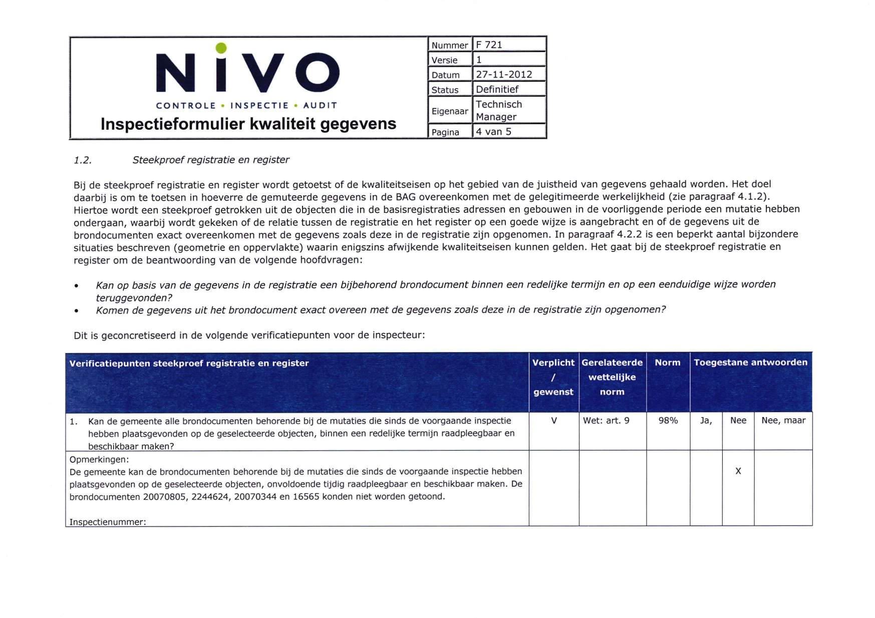 N ivo Inspectieformulier kwaliteit gegevens 1.2.