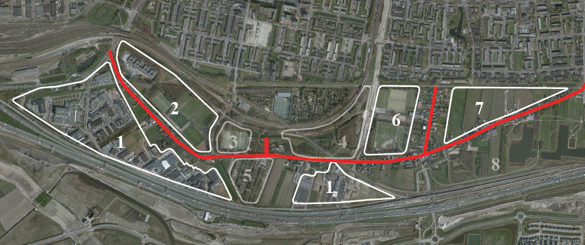 Figuur 2: met wit omlijnd zijn de vier ontwikkellocaties 2.1.