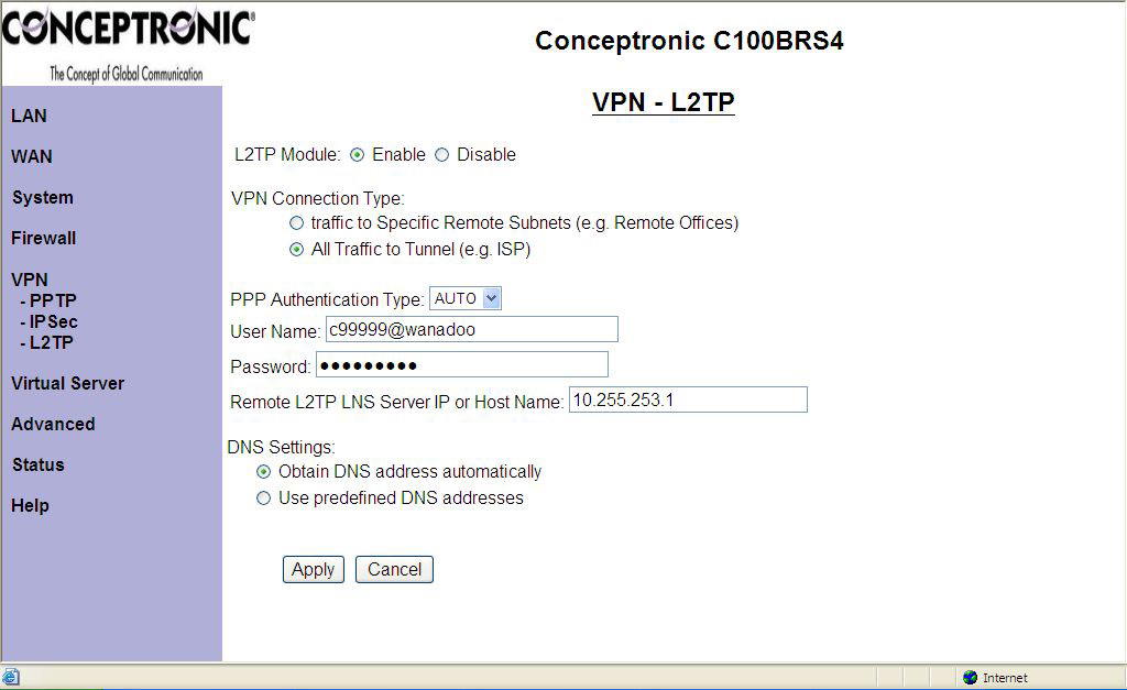 4.2. Instellingen VPN -> L2TP gedeelte in de C100BRS4 Ga in het linker menu van de C100BRS4 naar VPN -> L2TP.