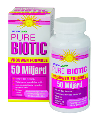 PureBiotic Vrouwenformule - 50 miljard 50 miljard vriendelijke bacteriën, gegarandeerd tot einde houdbaarheid. (30 miljard Bifido-bacteriën en 20 miljard lactobacillen). 9 stammen levende bacteriën.