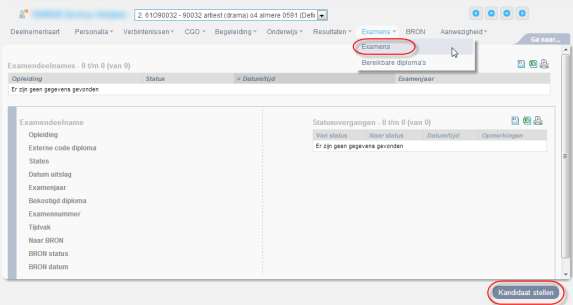 Berekening. 6.1.1 Deelnemer kandidaat stellen Het examenbureau voert dit uit. 8. Zoek de deelnemer op via snelzoekveld. Of via en de filterbalk. 9. Ga naar Examens Examens. 10. Klik op.