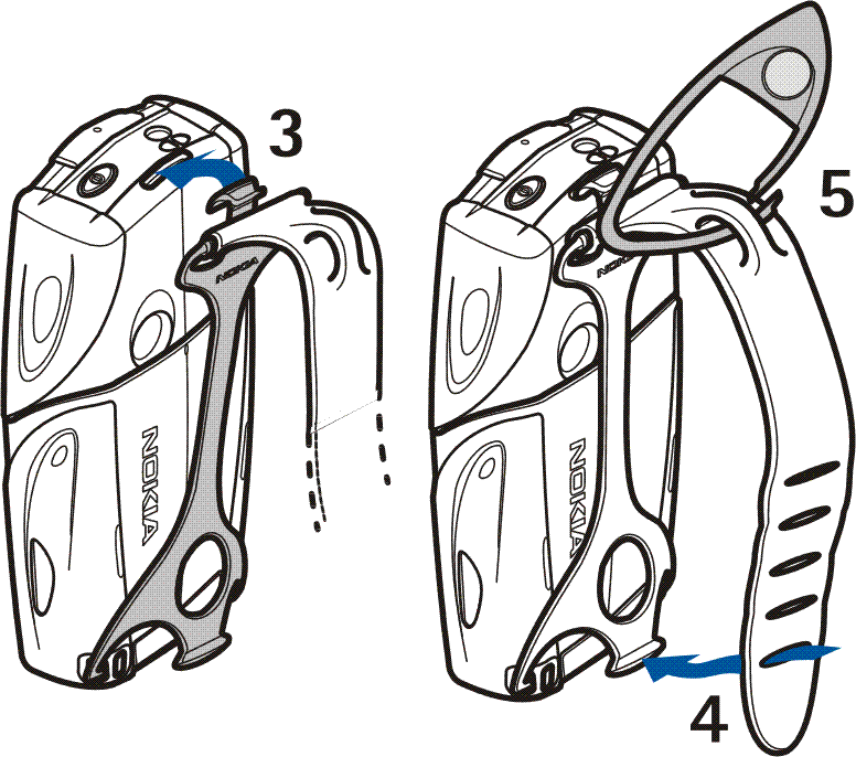 Polsbandje Bevestig het elastieken bandje aan de holster (1). Klik de pinnetjes aan het uiteinde van de holster in de gaatjes onder aan de telefoon (2).