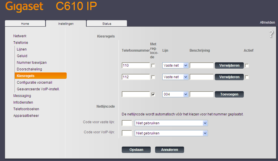 Configuratie kiesregels Bij Gigaset modellen met een vaste-lijn-aansluiting zoals de C610IP en de C530IP is het raadzaam om te zorgen dat de kiesregel voor het bellen naar noodnummer 112 niet via de