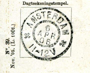 Twaalf nieuwe grootrondstempels alsmede twaalf dozen karakters werden toegezonden op 29 juli 1902. Op 18 mei 1903 werd één nieuw stempel verstrekt.