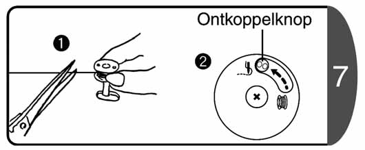 Voorbereiding voor het naaien 1. Verplaats de ontkoppelknop in de richting. (in de richting van de pijl) (Hierdoor zorgt u ervoor dat de naald niet meer kan bewegen.) 2.