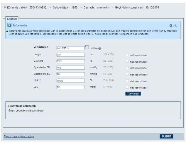 Manuele invoer Scherm 2 Voorbeeld ZT Diabetes type 2 Wanneer u op Toevoegen klikt nadat alle gegevens werden