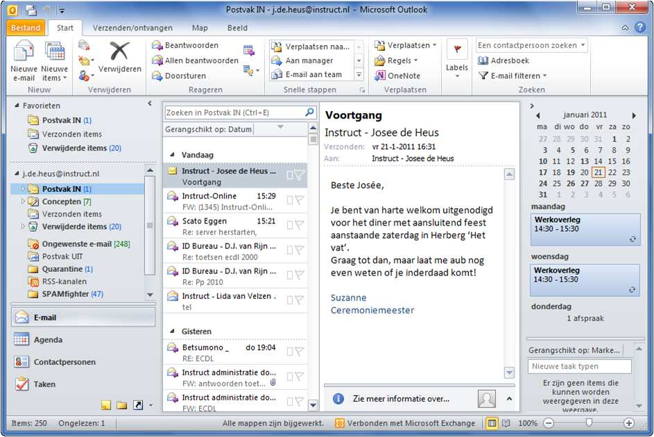 Vensteronderdelen van Outlook 2010 Het openingsvenster van OUTLOOK 2010 ziet er als volgt uit: Tabbladen Titelbalk E-mailberichten Leesvenster E-mailmappen Takenbalk Contactpersonen Statusbalk In-