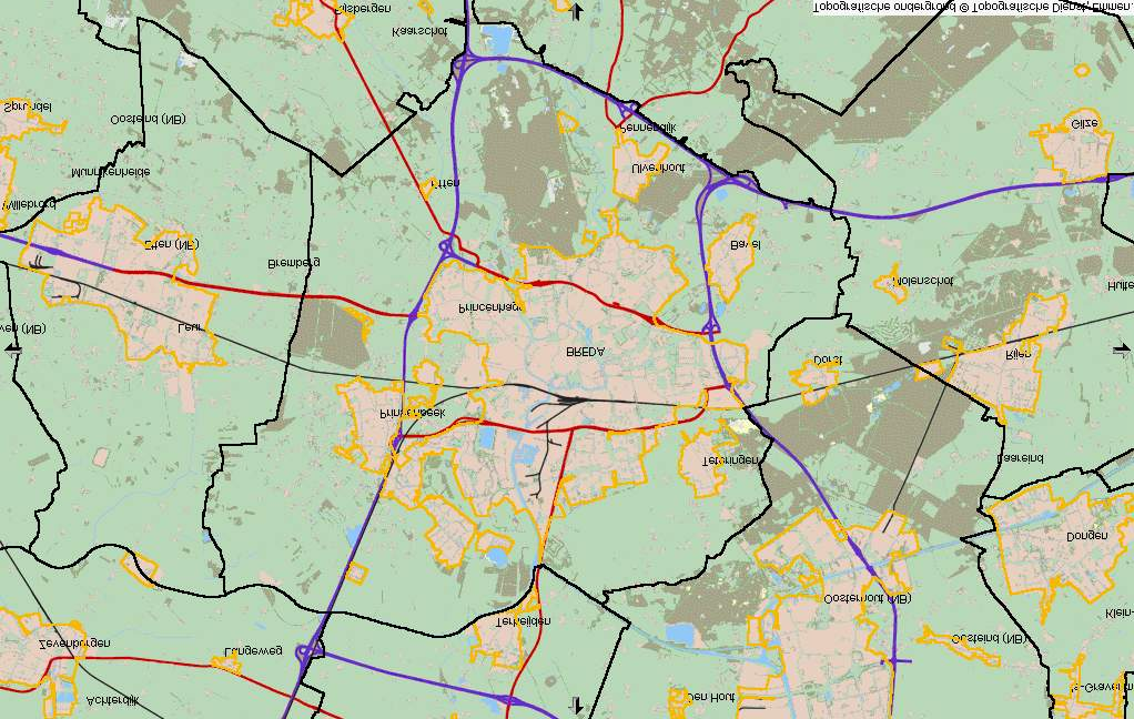 HOOFDSTUK 1 INLEIDING In onderstaande figuur is de gemeente Breda te zien (zwarte lijn gemeentegrens) en delen van omliggende gemeenten. De gele lijn geeft de grens bebouwd gebied van 1996 weer.
