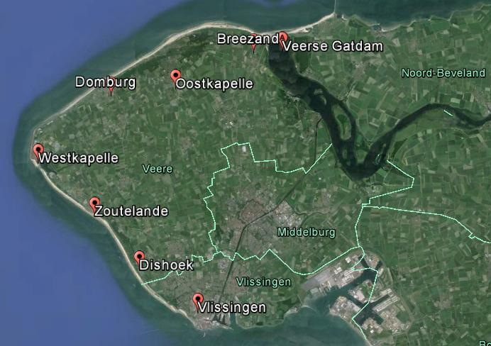 Figuur 4.1 Gemeentes in Walcheren met stranden aan de Noordzeekust (Veere en Vlissingen) en de belangrijkste badplaatsen. Gemeente Vlissingen heeft met name horecavoorzieningen op de boulevards.