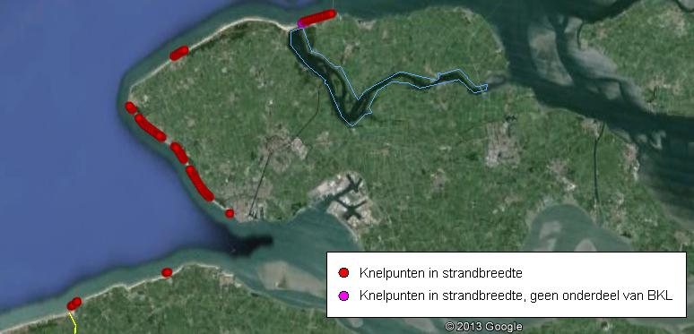 Figuur 4.3 Locaties waar regelmatig knelpunten in strandbreedte optreden langs de kust van Zeeuws-Vlaanderen, Walcheren en Noord-Beveland (Decisio, 2011).