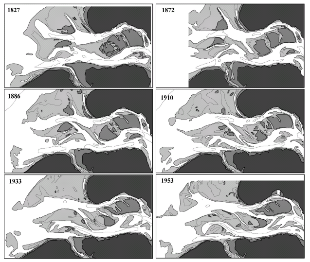 Figuur 2.3 Ontwikkeling Oosterscheldemonding in de periode 1827-1953, bron: De Ronde et al. (2012) 2.3.2 Westerschelde-monding In de Westerschelde-monding is de grootste ontwikkeling het veranderen van een drie- in een twee-geulen systeem.