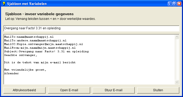 Op dit invulscherm kunt u de verschillende paragrafen van het sjabloon aanvullen en/of wijzigen. Vervolgens brengt u via de knop Afdrukvoorbeeld de samengevoegde gegevens op uw scherm.