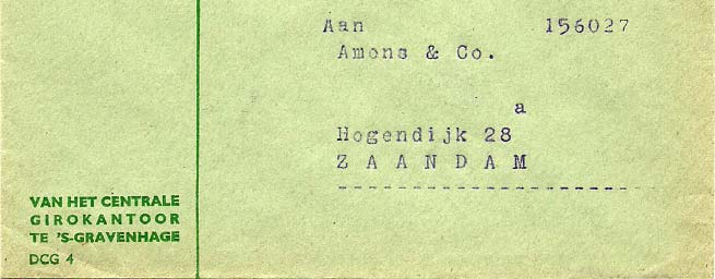 Dienst PTT (Centraal postkantoor Den Haag, 9/7/1953) met machinestempel: Help nu, giro 9575, Nationaal Rampenfonds voor de watersnood 1953 Op diezelfde datum trad voor stukken uitsluitend betreffende