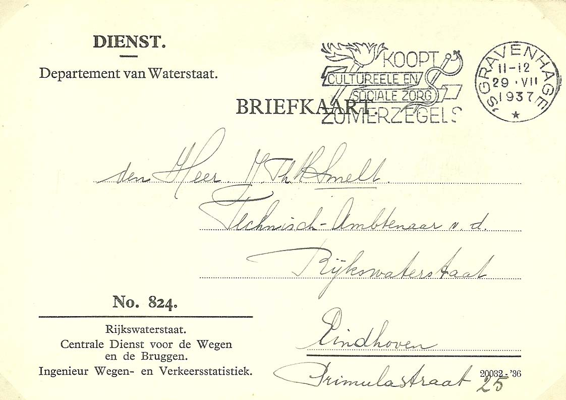 Dienstkaart RWS Wegen en Bruggen (nr. 824) naar hoofd dienstkring Eindhoven (29/7/1937).