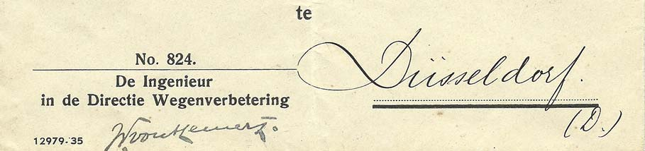 Gefrankeerd poststuk van de ingenieur in de Directie Wegenverbetering (nr. 824) naar Düsseldorf (17/6/1935); tarief 12½ cent volgens de eerste gewichtsklasse vanaf november 1928).