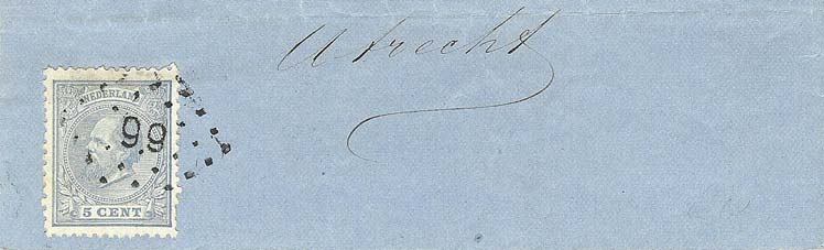Briefomslag van Sas van Gend (22/3/1866) Franco in kastje naar Hilversum met proefstempel K 48 Van het hulppostkantoor ging de brief vervolgens naar het hoofdpostkantoor, dat een halfrondstempel op