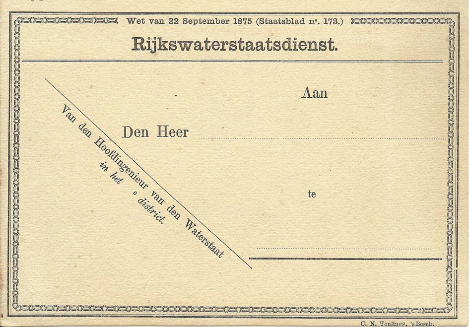 Bij het KB van 21 februari 1865 werd onder meer portvrijstelling voor de briefwisseling tussen de hoofdingenieurs en ingenieurs van Rijkswaterstaat met de provinciale waterstaat.