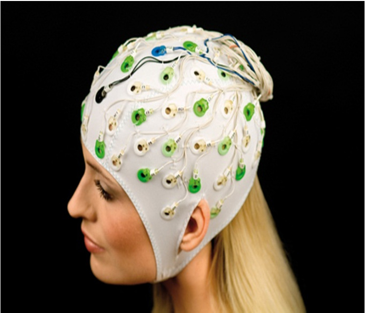 A. EEG = Elektro Encefalo Grafie CIC 27 Badmuts met elektroden meet elektrische activiteiten van de hersenen.