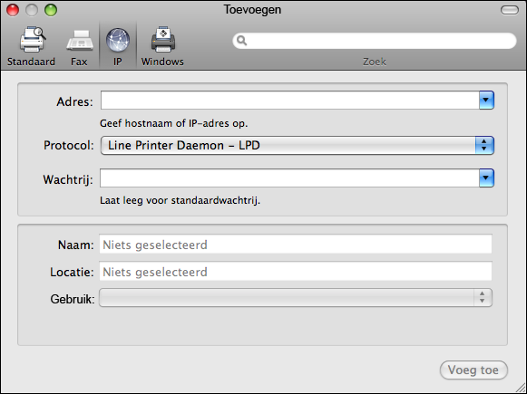 MAC OS 75 EEN PRINTER TOEVOEGEN MET DE VERBINDING IP-PRINTER 1 Klik op het pictogram IP in het dialoogvenster.